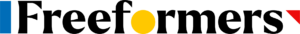 Freeformers logo in black text with coloured blocks. Blue Block standing upright, with the 'o' replaced by a yellow block, and a small red triangle at the end.